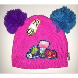 Shopkins Pink Knit Hat Beanie Cap with 2 Pom Poms